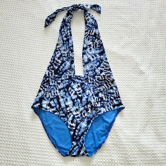 Aerie Plunge One Piece Swimsuit Blue and White Full Coverage Halter XL - Picture 1 of 4